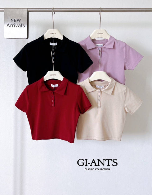 Collar Down Crop Polo Tops
